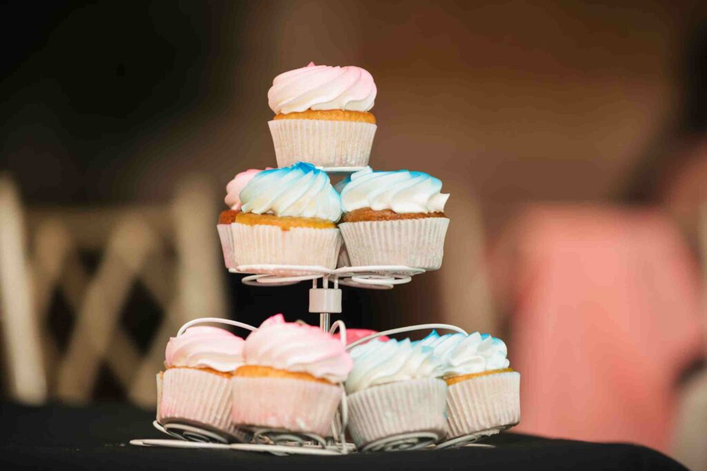 Cupcakes displayed on a stand.