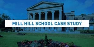 image of the front of mill hill school with text over the top of the image