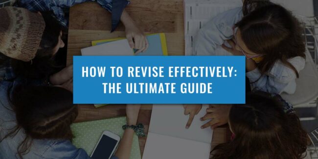 bird-eye view of 4 students studying around a table with text over the top of the image