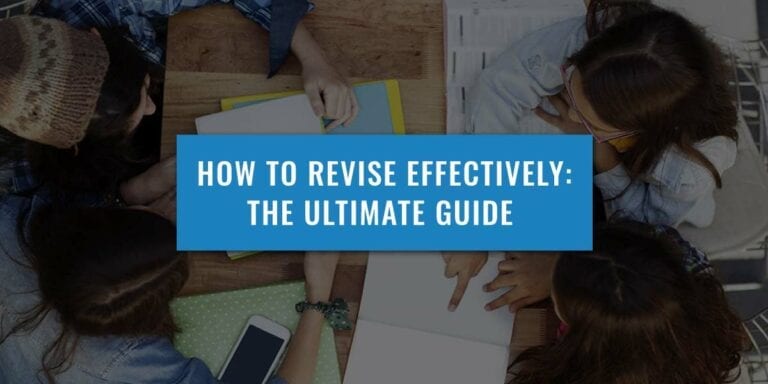 bird-eye view of 4 students studying around a table with text over the top of the image