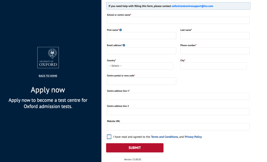 Oxford Admissions Test Testing Centre Application Form