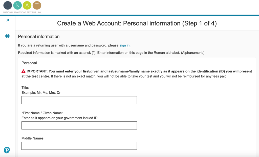 LNAT Registration Screen