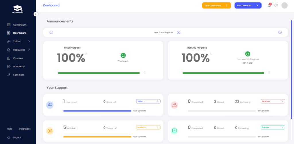 UniAdmissions Portal Dashboard Page