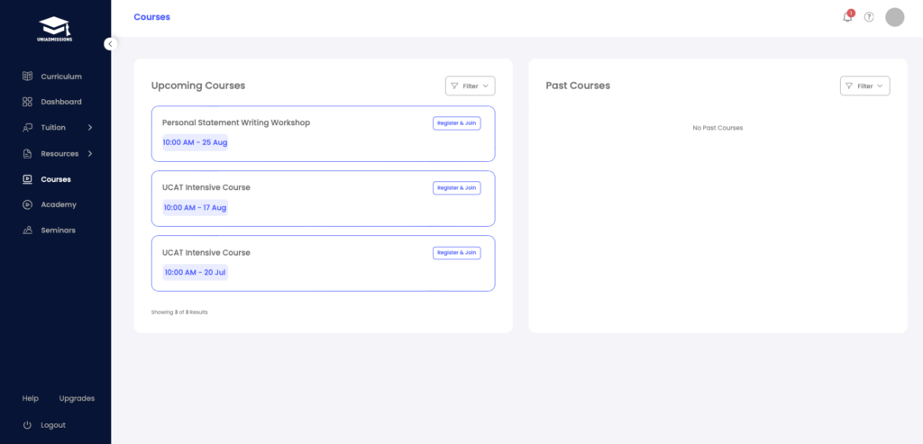 UniAdmissions Portal Courses Page