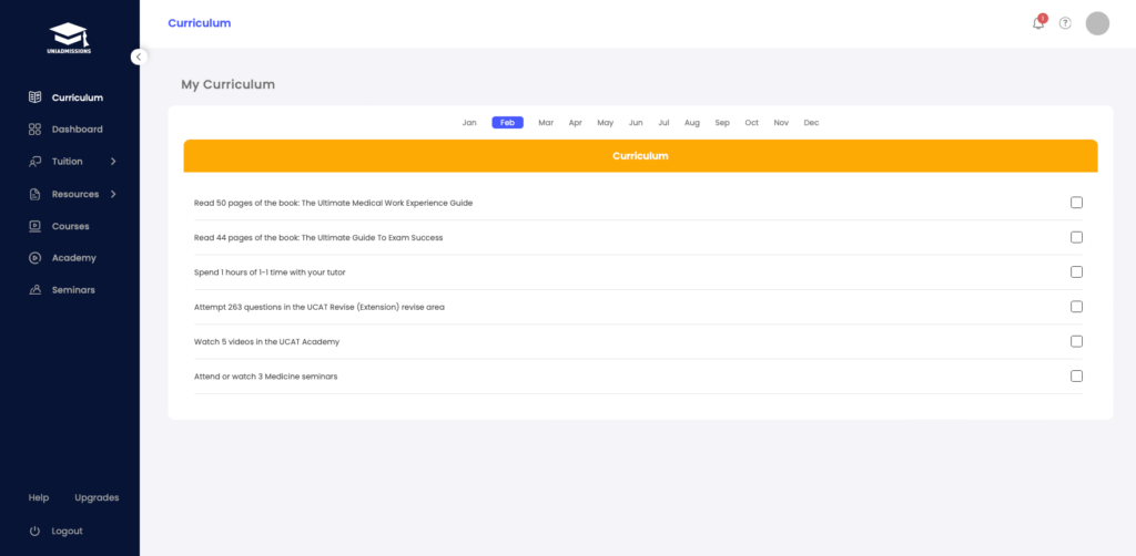 UniAdmissions Portal Curriculum Page
