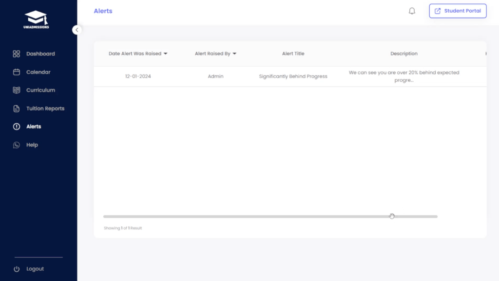 UniAdmissions Portal Parents Alerts Page
