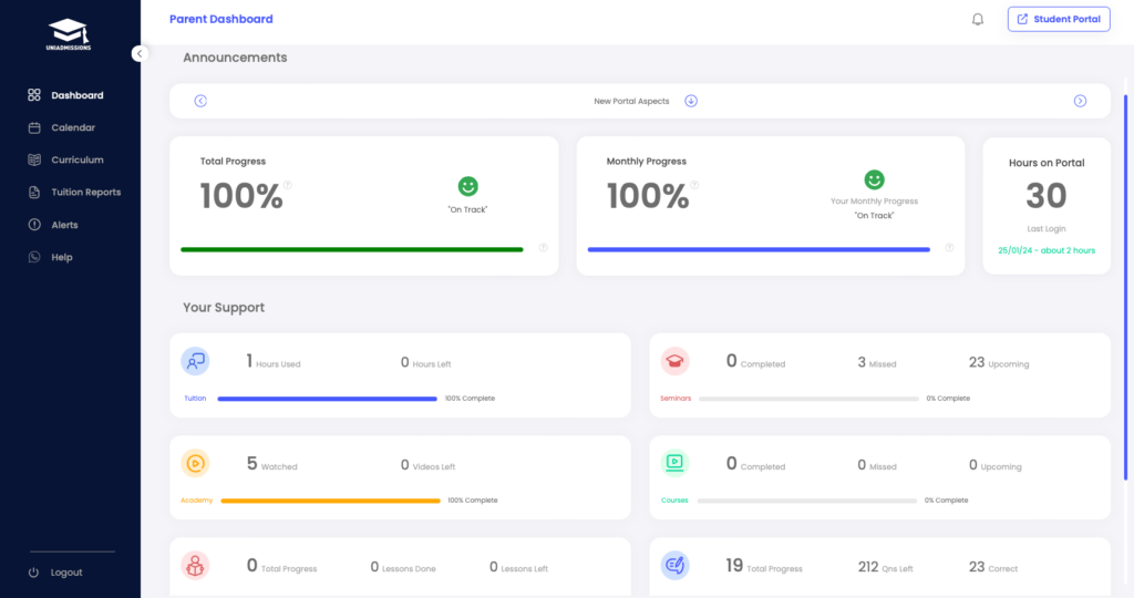 UniAdmissions Portal Parent's Dashboard