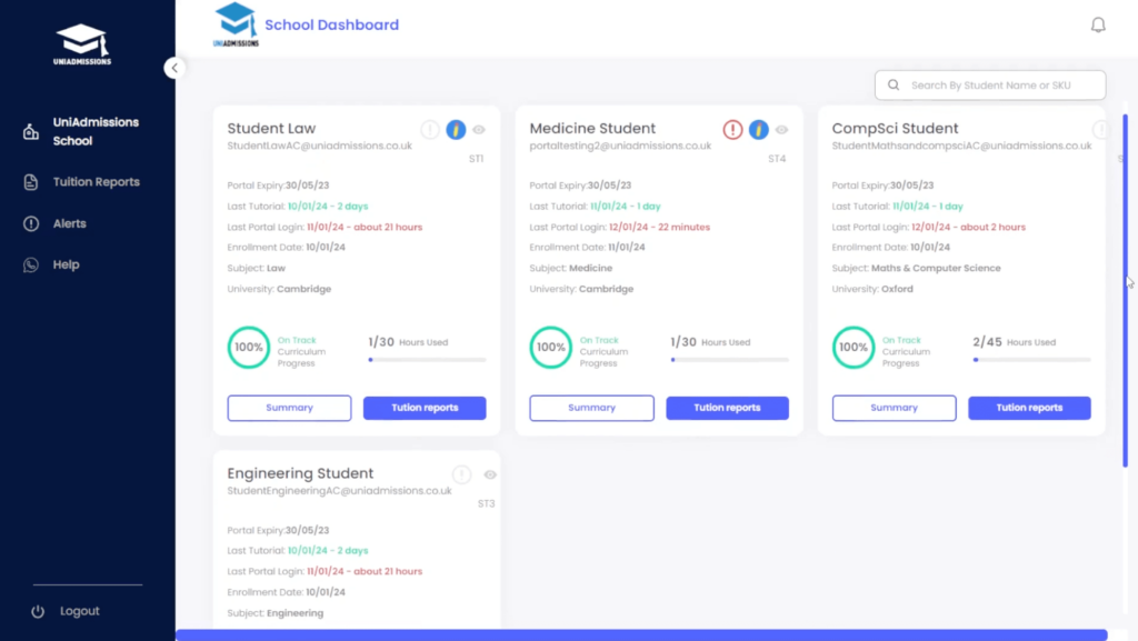 UniAdmissions Schools Portal Dashboard