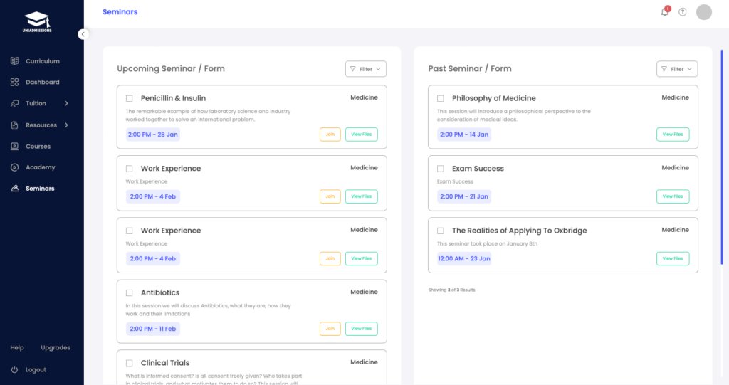UniAdmissions Portal Seminars Page