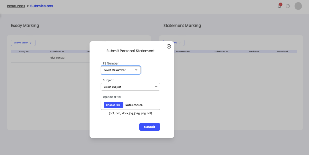 UniAdmissions Portal Submissions Page