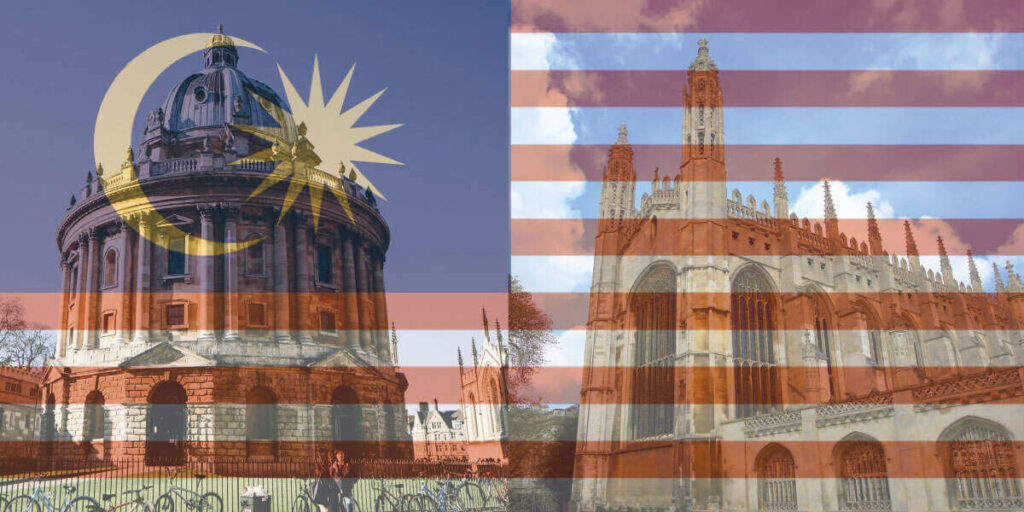 Oxbridge landmarks overlayed by the Malaysian flag