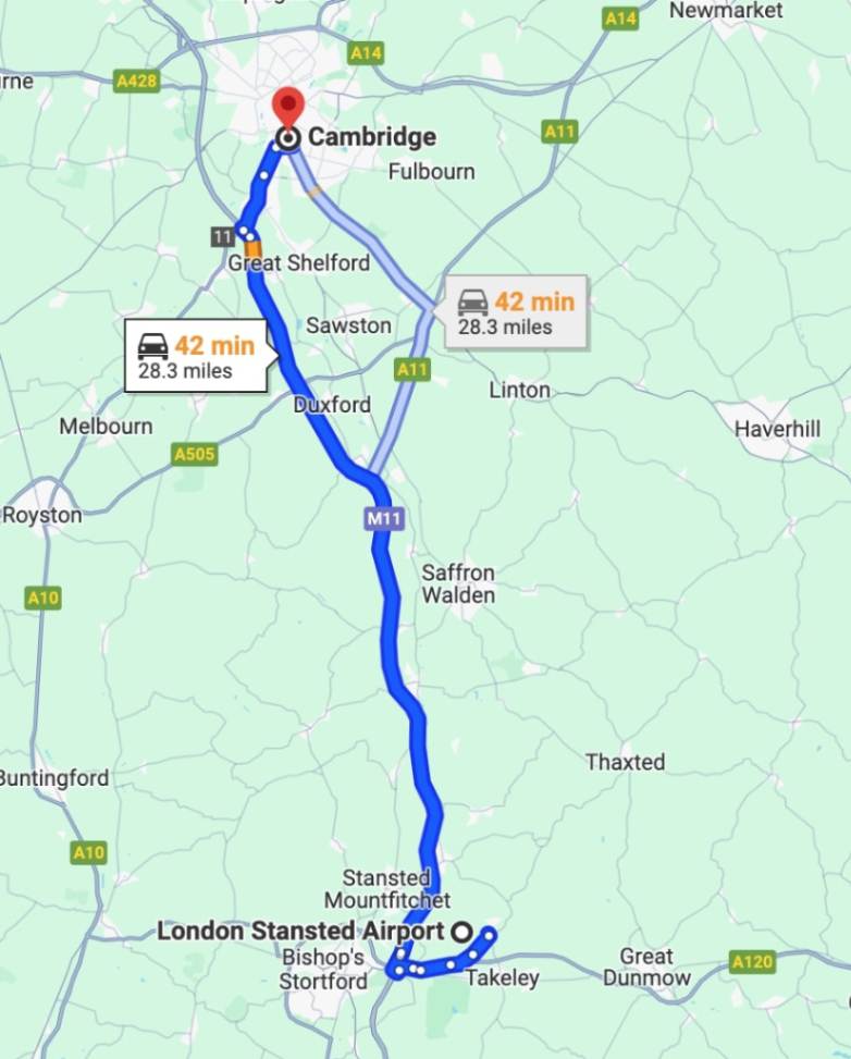 Map View of London Stansted Airport to Cambridge