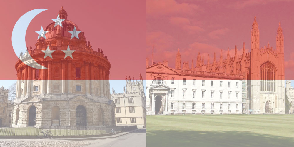 Oxford and Cambridge Landmarks behind a Singaporean Flag Overlay