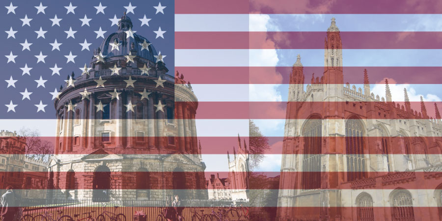 Oxbridge Landmarks with USA Flag Overlay