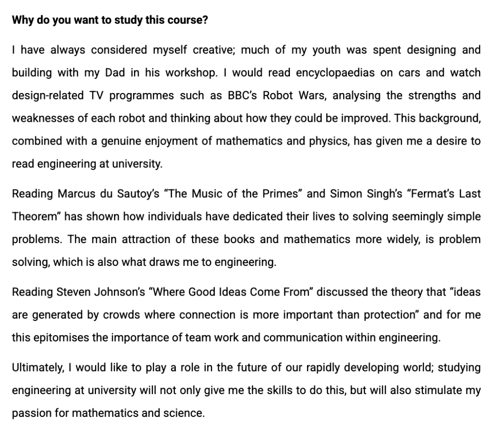 Example answer to the first question of an engineering UCAS personal statement