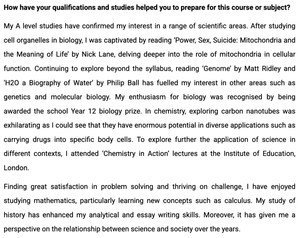 An example answer to question 2 of a real Natural Sciences personal statement