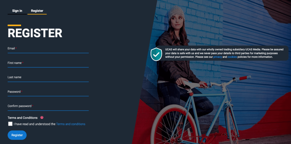 UCAS Registration Screen with form
